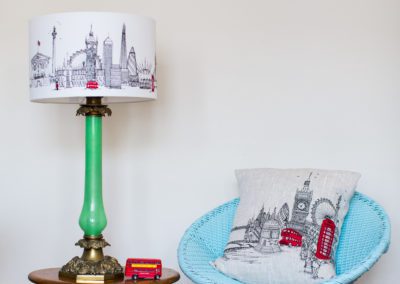 'London skyline' - cushion & lampshade with added red embroidered details Printed onto 100% quality linen Cushion £50 (with pad) lampshade £105