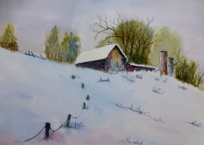 Laurie Hearn: Snowy Cabin on Hill