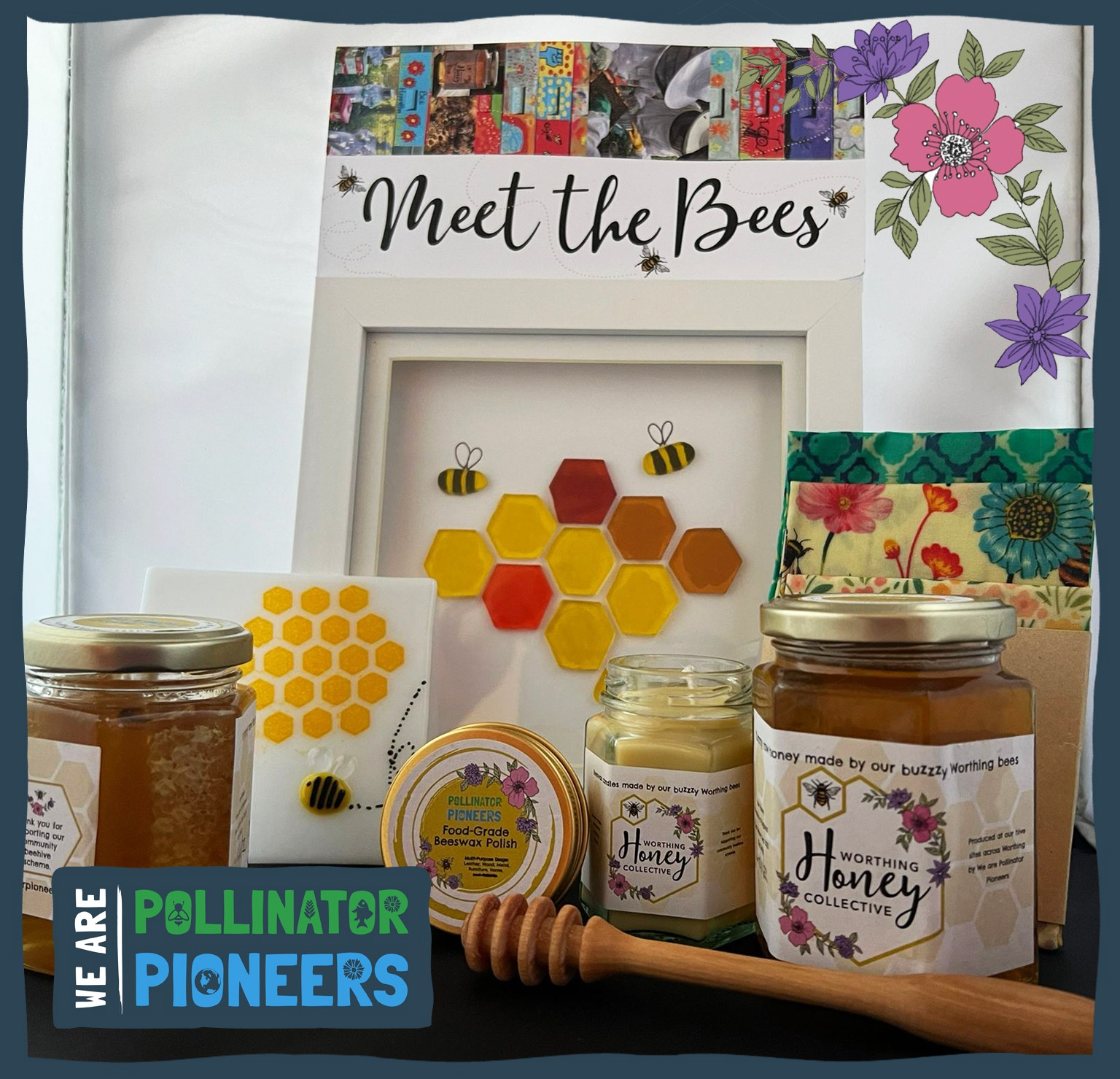 A selection of honey, candles and other products from pollinator pioneers