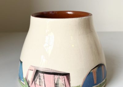 Alice Mara ceramic vase decorated with 70s camping tents