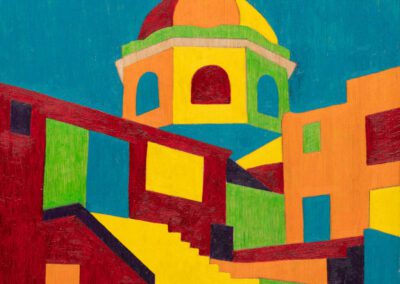 Block colour painting of Worthing Dome by Carolyn McConnell on wood