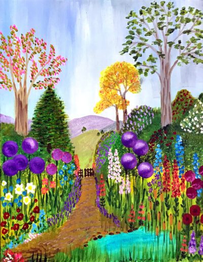 A painting of a garden surrounded by colourful flowers and trees