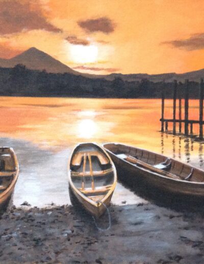 A painting of two boats at low tide