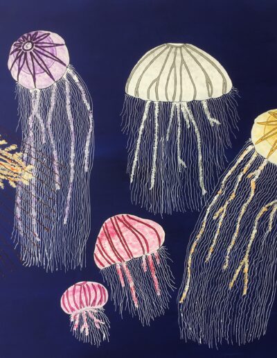 A painting of colourful jellyfish on a blue background