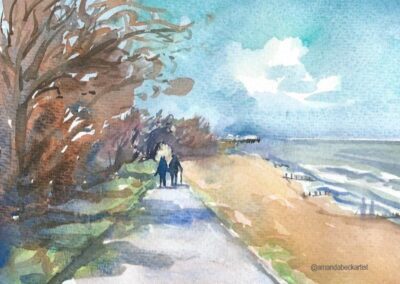 A watercolour painting of two people walking towards Goring Pier