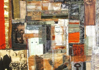 A textile piece by Ros Lymer with photographs sewn into the quilt