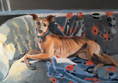 A painting of a whippet on a sofa with a blanket