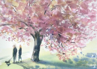 A watercolour painting cherry blossom tree in full bloom with two people standing underneath with their dog