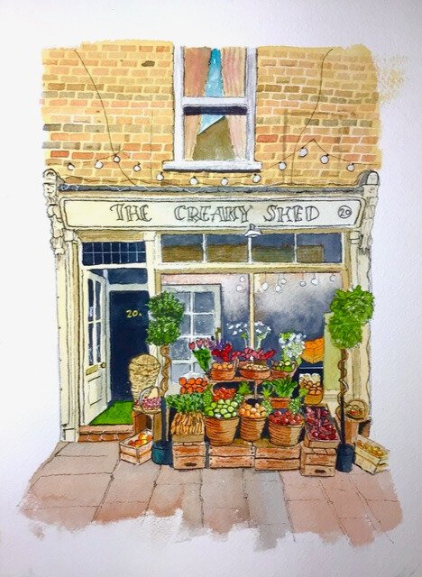 A painting of the creaky shed shopfront