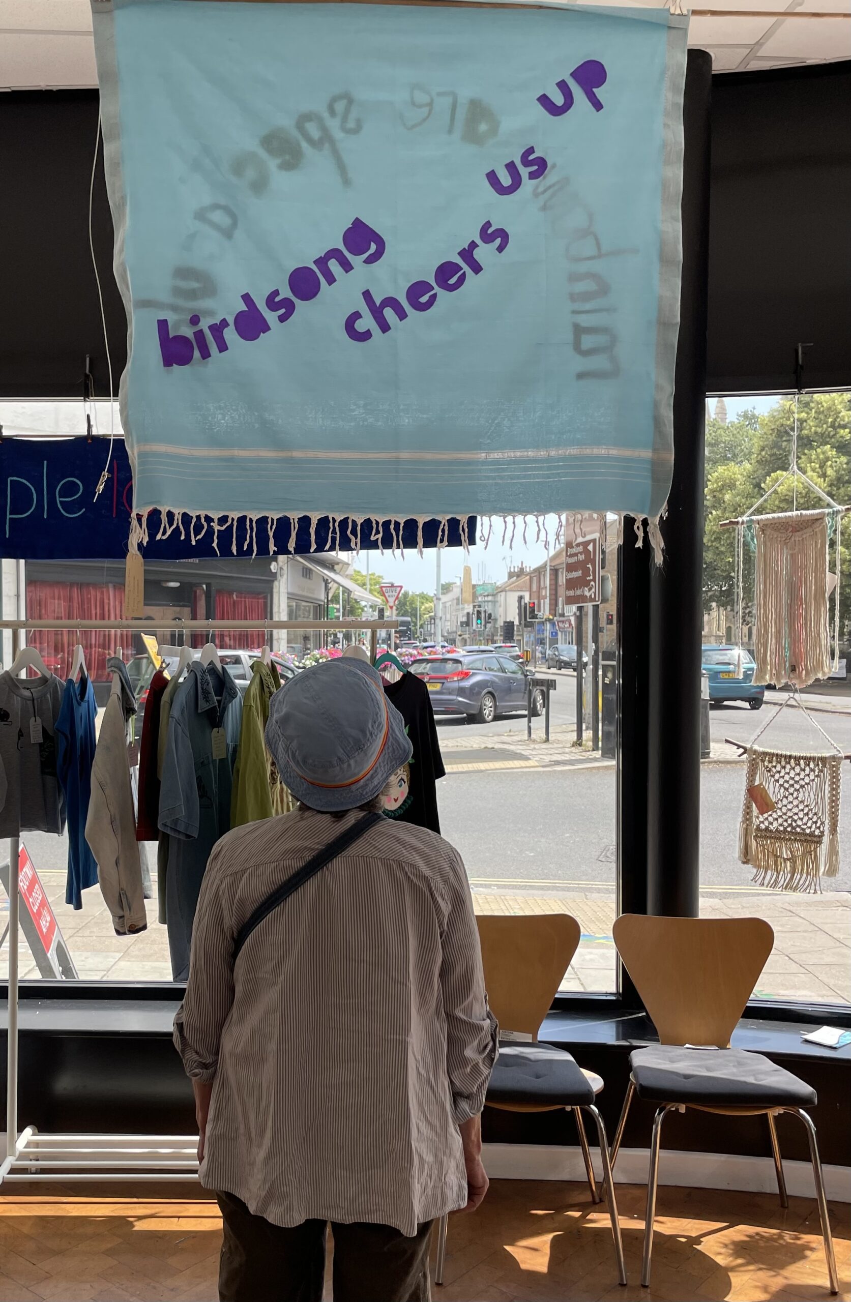 Sally Lemsford Sally and one of the banners exhibited during Fringe & Fibres